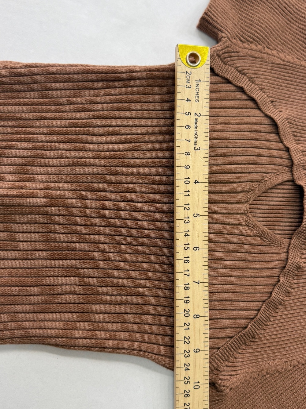 Brown mock neck short sleeve ribbed tie chest detail top v cut mocha blouse - Picture 4 of 6